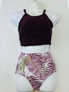 Bikini high waisted Small Print bottom Solid Plum top Summer Resort NEW